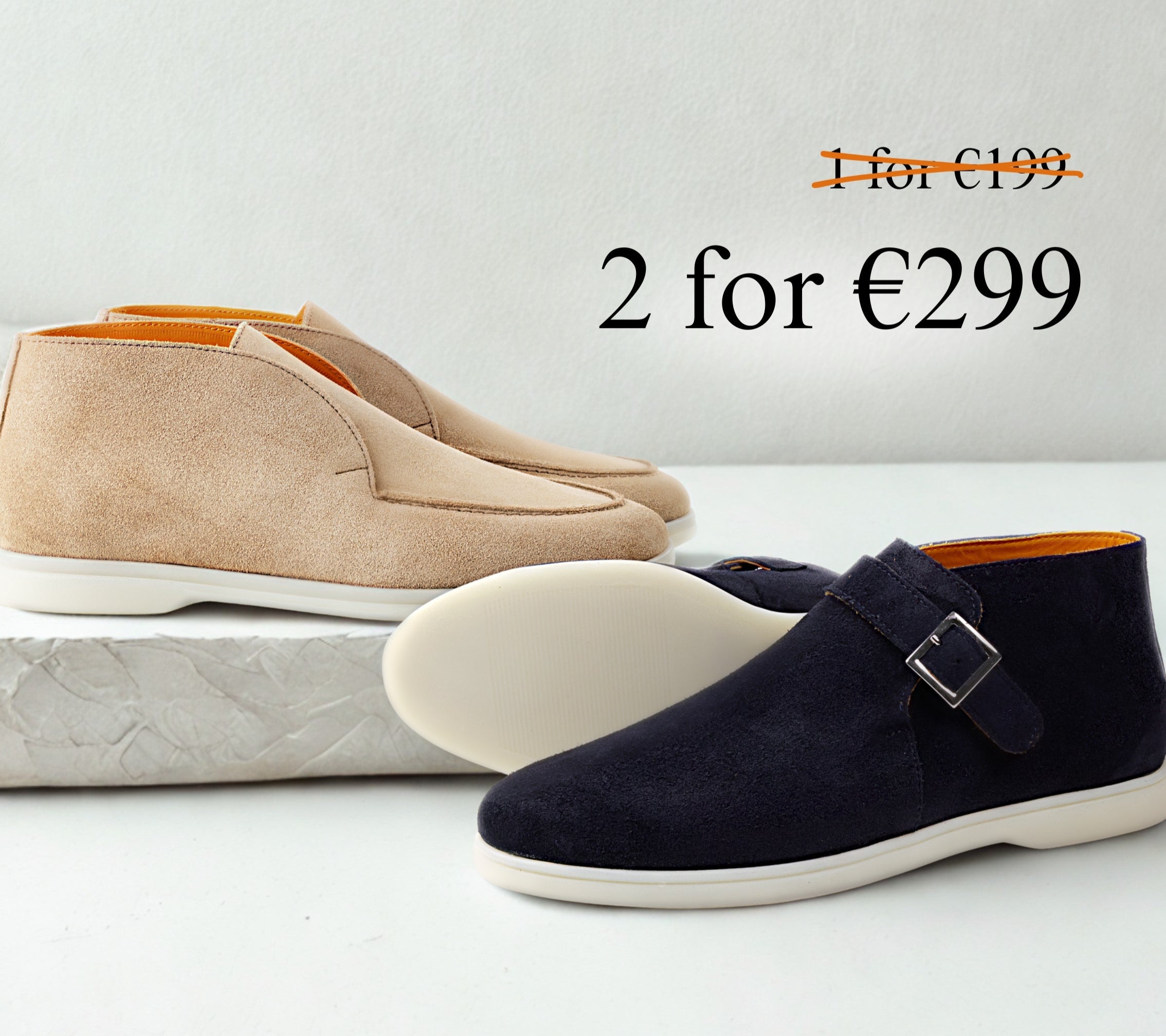 Two pairs of shoes, one beige and one navy, on a light gray background with text indicating a price offer.