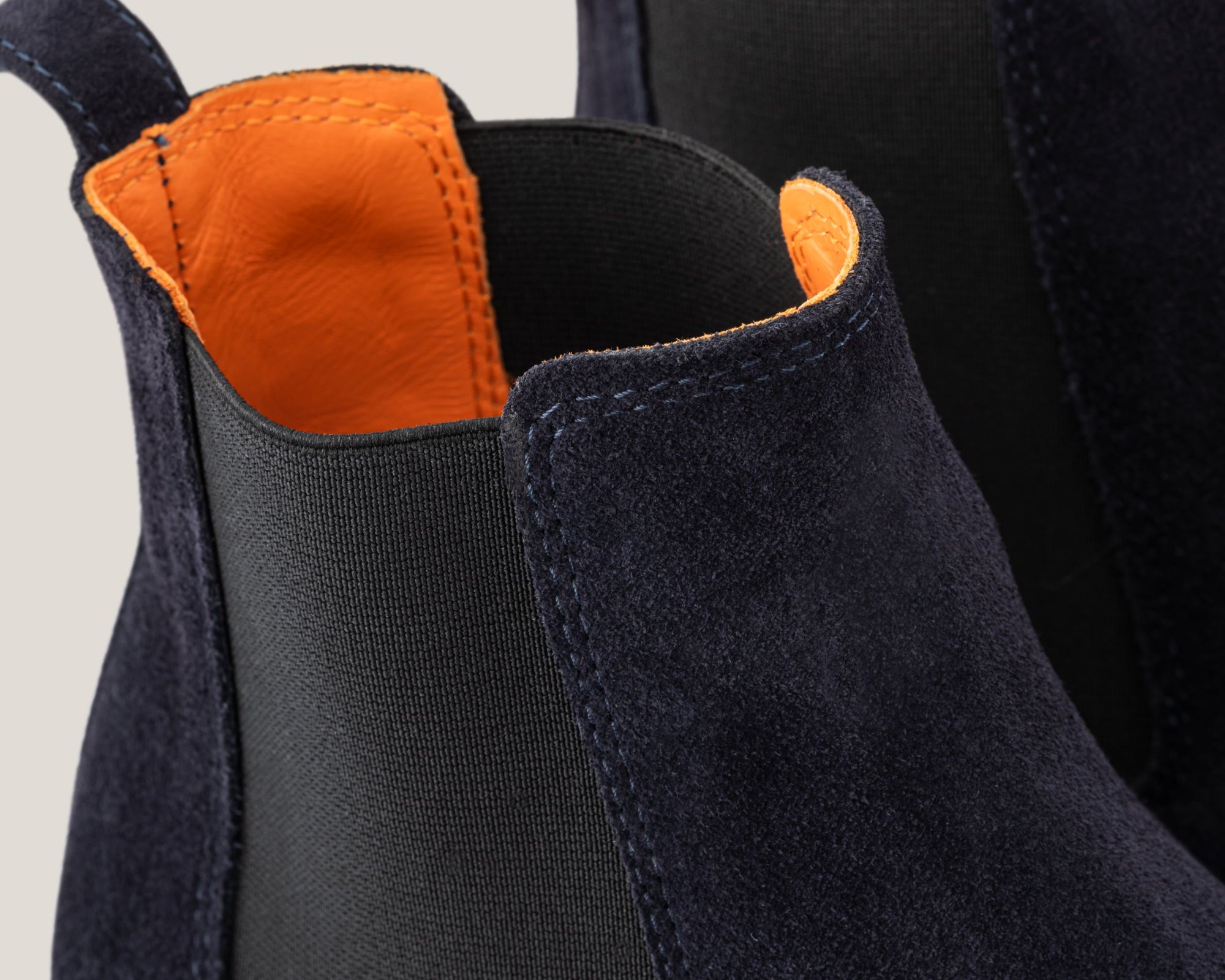 Chelsea boots in dark navy Italian Mastrotto suede, back view