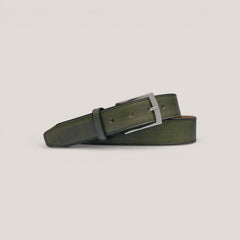 Green patina French calf leather belt with silver buckle, 3.5 cm width