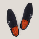 Monte Carlo - Dark Navy Suede - Double Monk Shoes — back view | Reinhard Frans