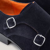 Monte Carlo - Dark Navy Suede - Double Monk Shoes — sole view | Reinhard Frans
