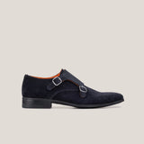 Monte Carlo - Dark Navy Suede - Double Monk Shoes — side view | Reinhard Frans