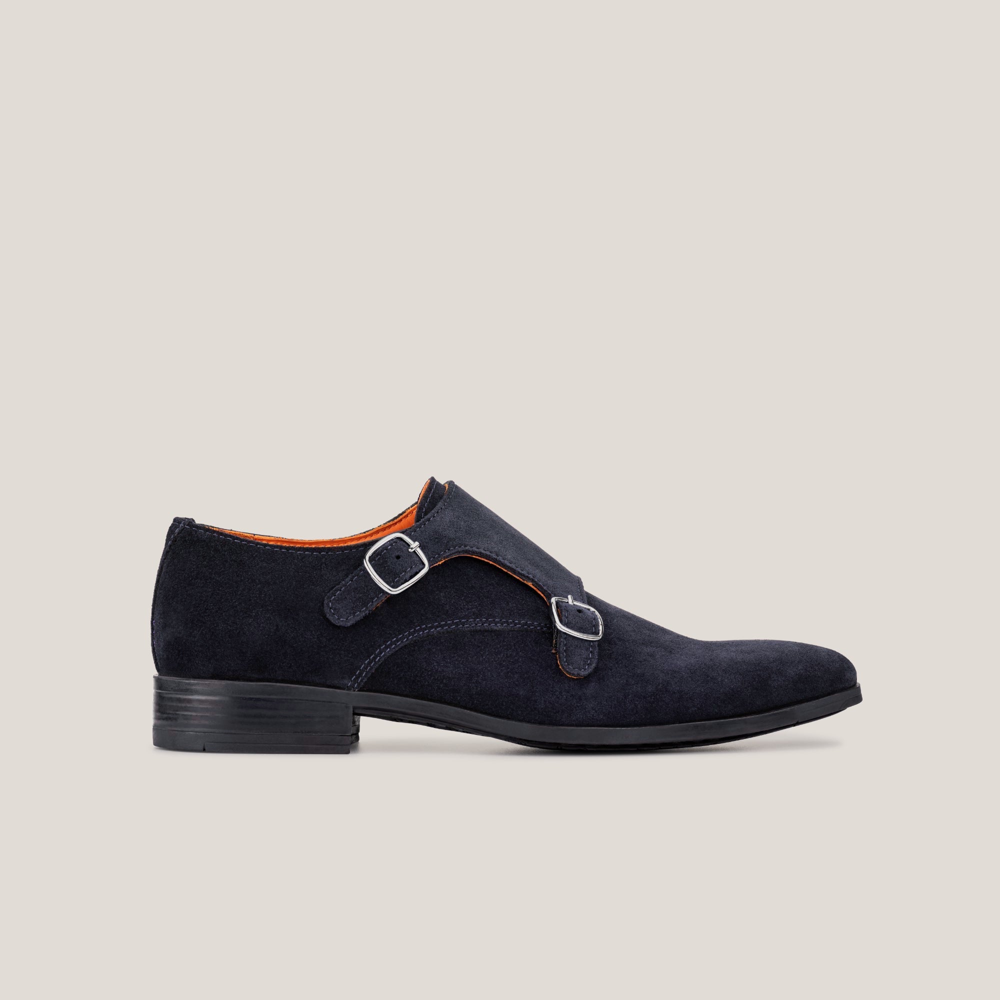 Monte Carlo - Dark Navy Suede - Double Monk Shoes — side view | Reinhard Frans