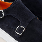 Monte Chiro - Dark Navy Suede - Double Monk Shoes — sole view | Reinhard Frans