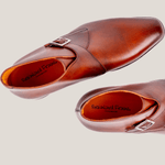 Reinhard Frans Stockholm light cognac brown leather monk strap boots with silver buckle detail.